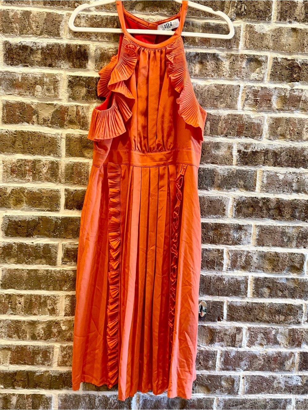 Tibi Rust Orange Pleated Ruffle Midi Dress  Halter Back Button Detail M